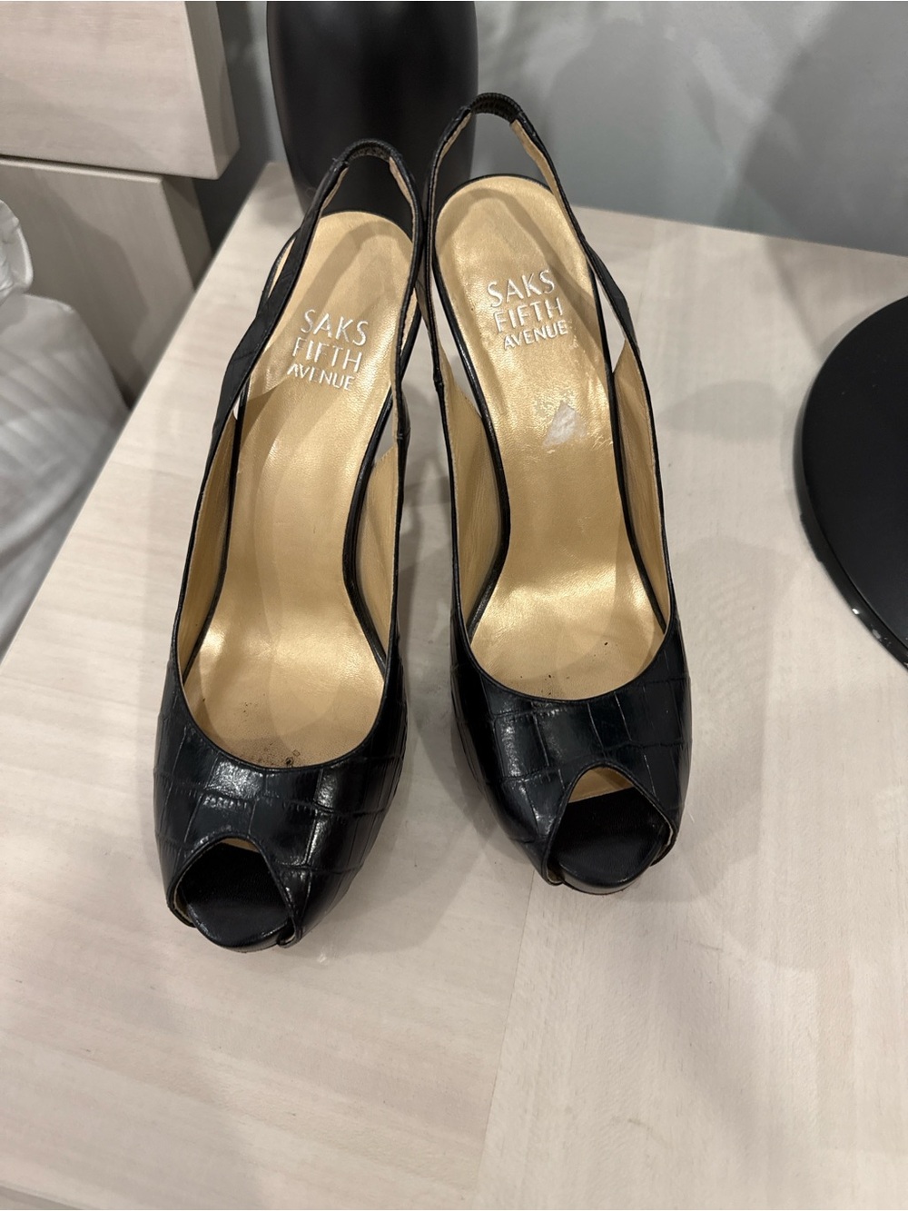 Saks Fifth Avenue Black Croc Peep-Toe Slingback Pumps